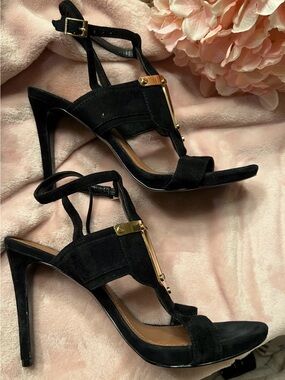 Vince Camuto Heels Black Suede & Gold Strappy Stiletto~8.5M